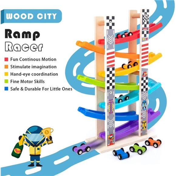 Toddler Toys for 1 2 3 Years Old, Wooden Car Ramp Racer Toy Vehicle Set - Picture 5 of 5